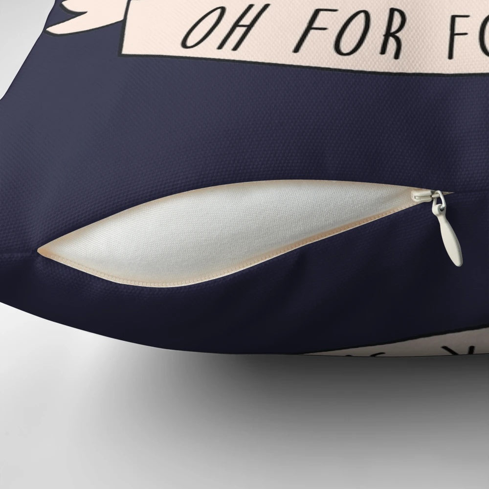 Colorful throw pillow featuring a playful fox design with the text "Oh For Fox Sake"