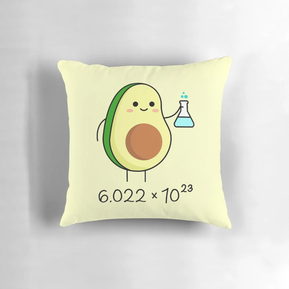 Cute avocado-shaped chemist pillow with Avogadro's number design, perfect for science and chemistry enthusiasts.
