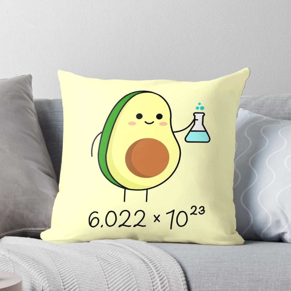 Cute avocado-shaped chemist pillow with Avogadro's number design, perfect for science and chemistry enthusiasts.