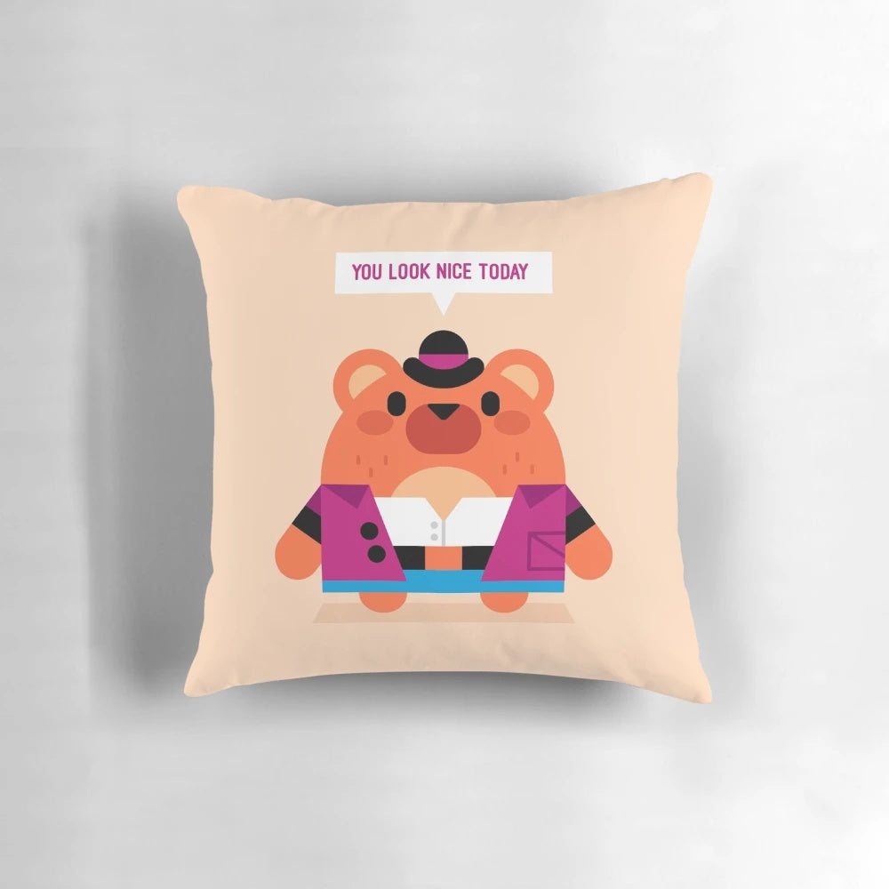 A soft, plush pillow featuring a charming, cuddly bear character.