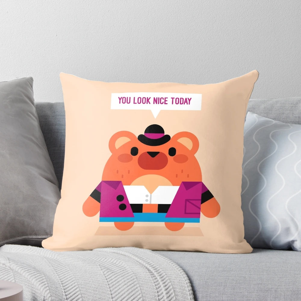 A soft, plush pillow featuring a charming, cuddly bear character.