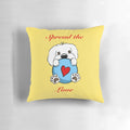 Soft, plush pillow featuring a heart design and a playful bichon frisé dog