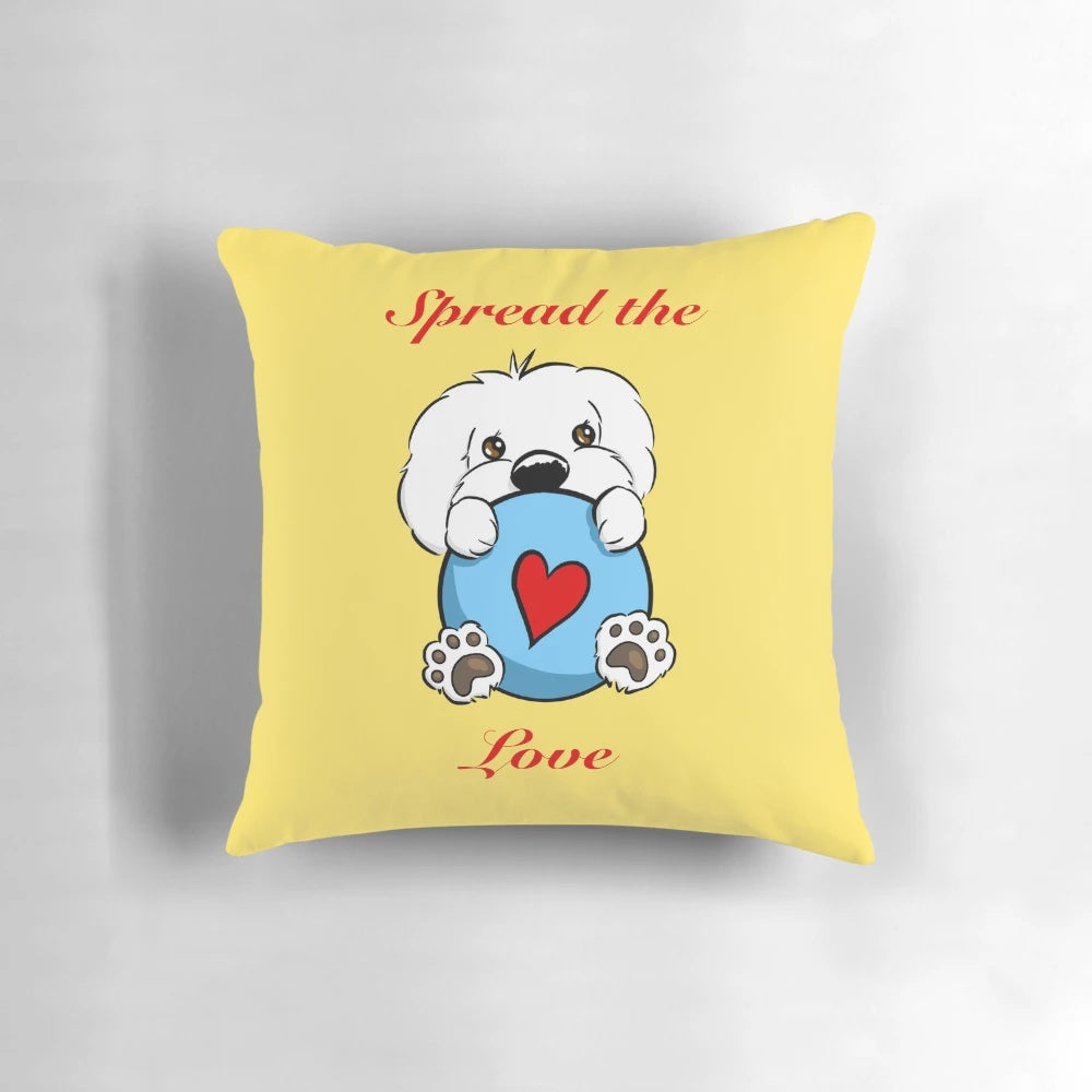 Soft, plush pillow featuring a heart design and a playful bichon frisé dog