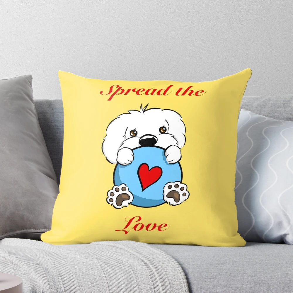 Soft, plush pillow featuring a heart design and a playful bichon frisé dog