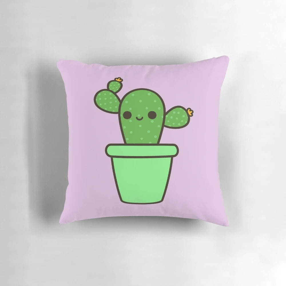 Cute and adorable cactus illustration printed on a decorative throw pillow.
