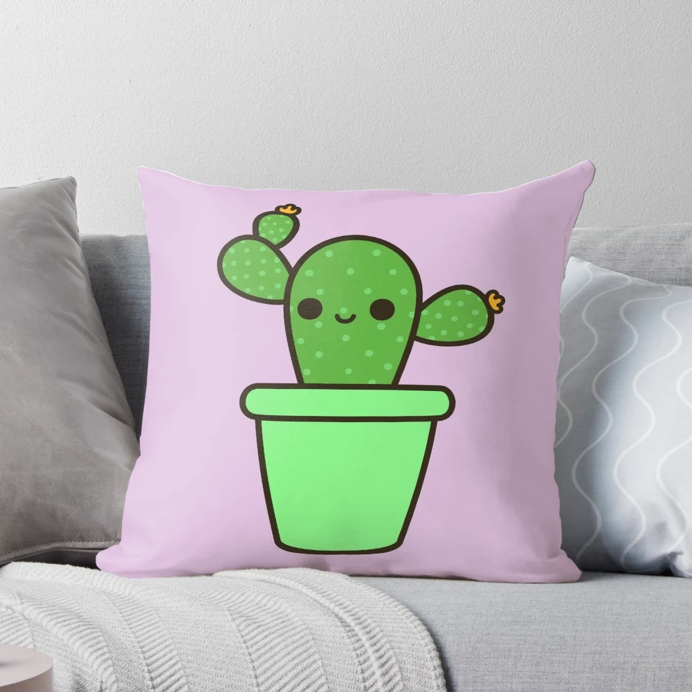 Cute and adorable cactus illustration printed on a decorative throw pillow.