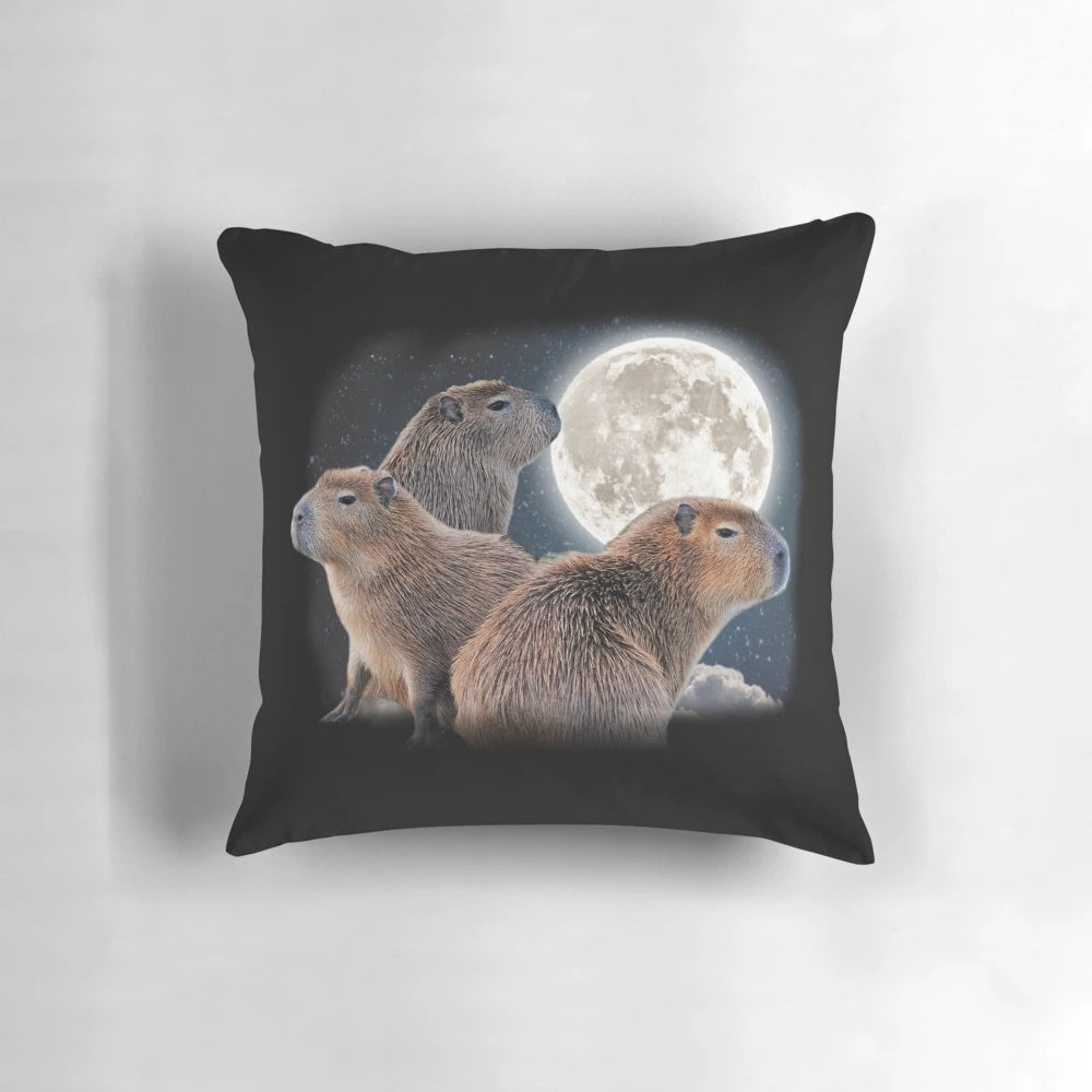 Whimsical Capybara Trio and Moon Graphic Pillow