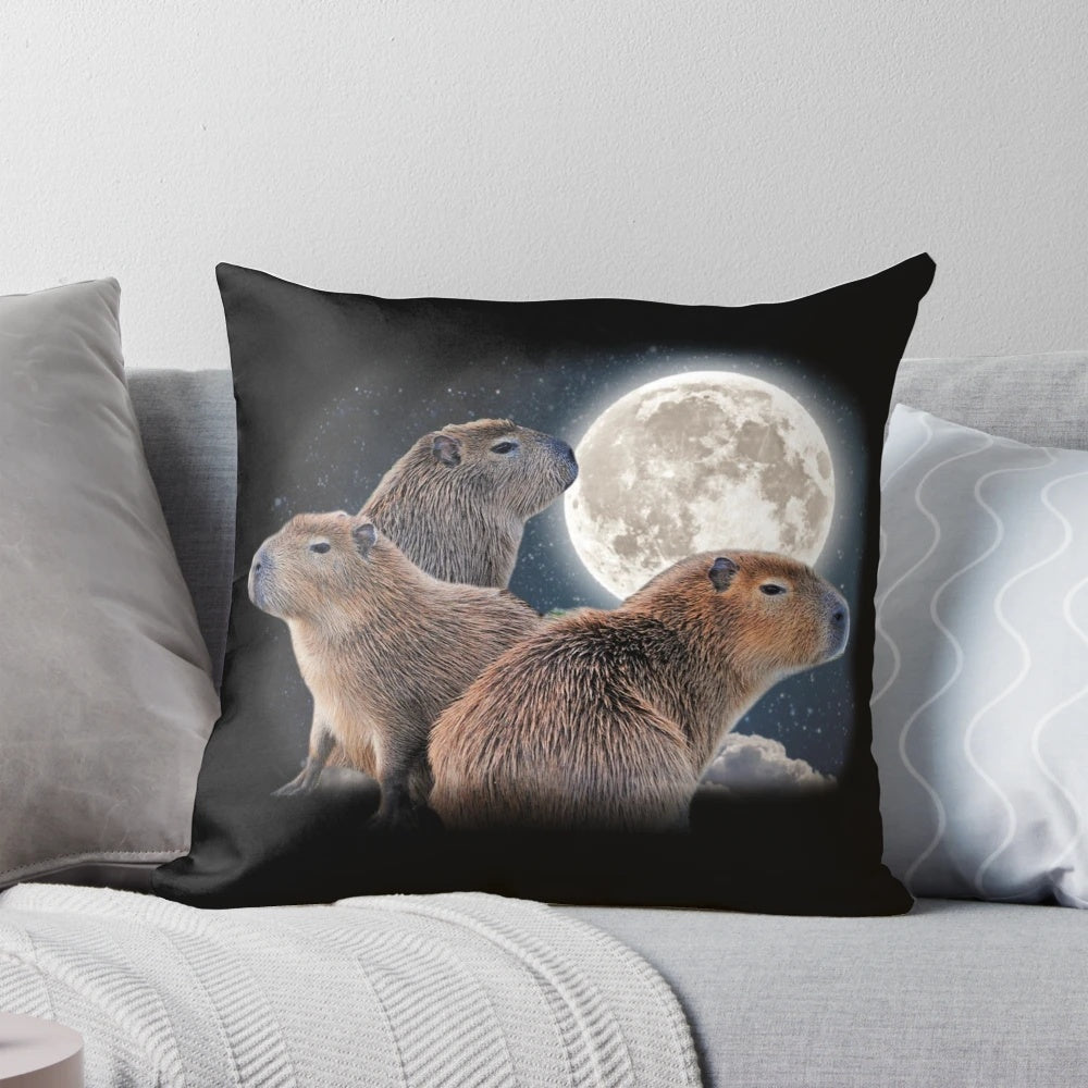 Whimsical Capybara Trio and Moon Graphic Pillow