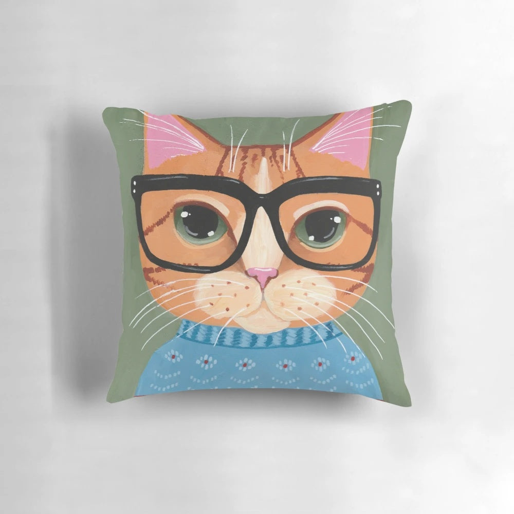 Sammie's Ugly Christmas Sweater Pillow featuring a ginger cat in glasses and a cozy, festive design