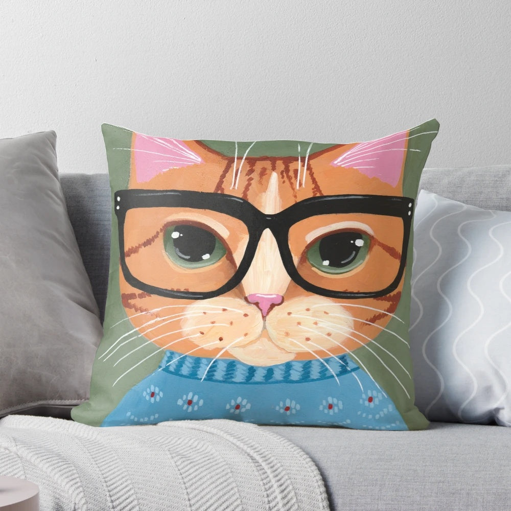 Sammie's Ugly Christmas Sweater Pillow featuring a ginger cat in glasses and a cozy, festive design