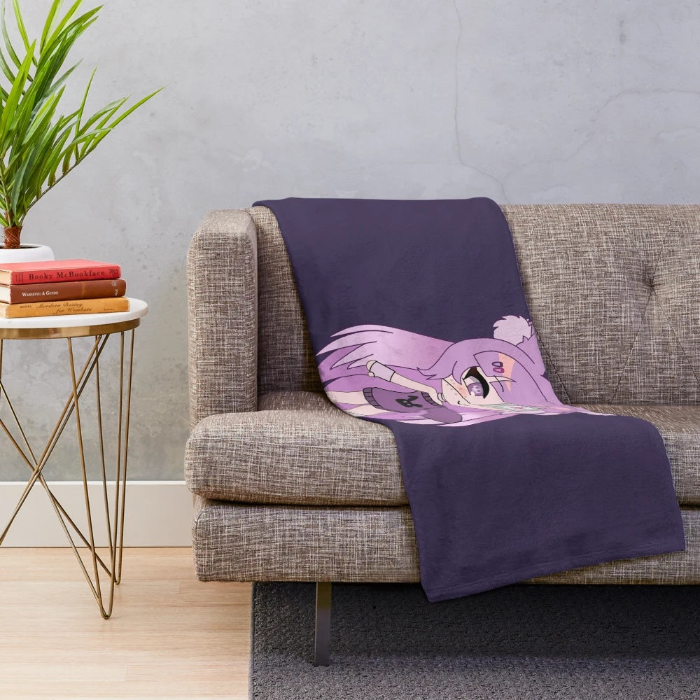 Cute chibi anime girl with purple hair and eyepatch on plush blanket