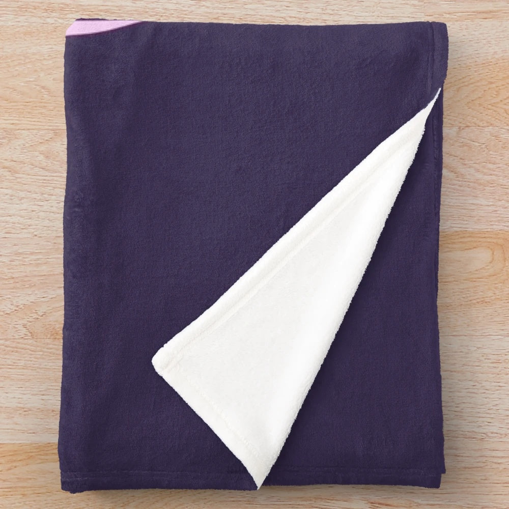 Cute chibi anime girl with purple hair and eyepatch on plush blanket
