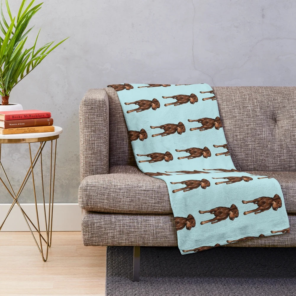 Chocolate Doberman with natural ears featured on a cute cartoon dog art plush blanket