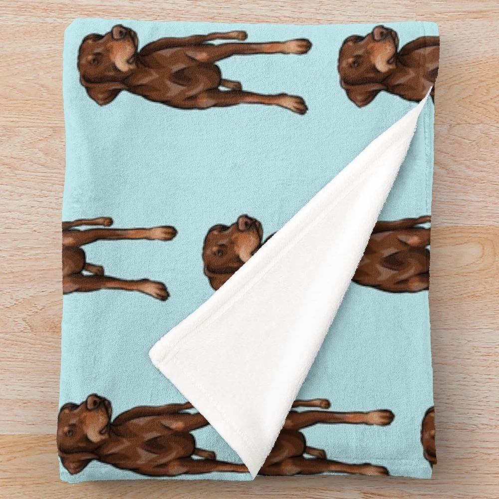 Chocolate Doberman with natural ears featured on a cute cartoon dog art plush blanket