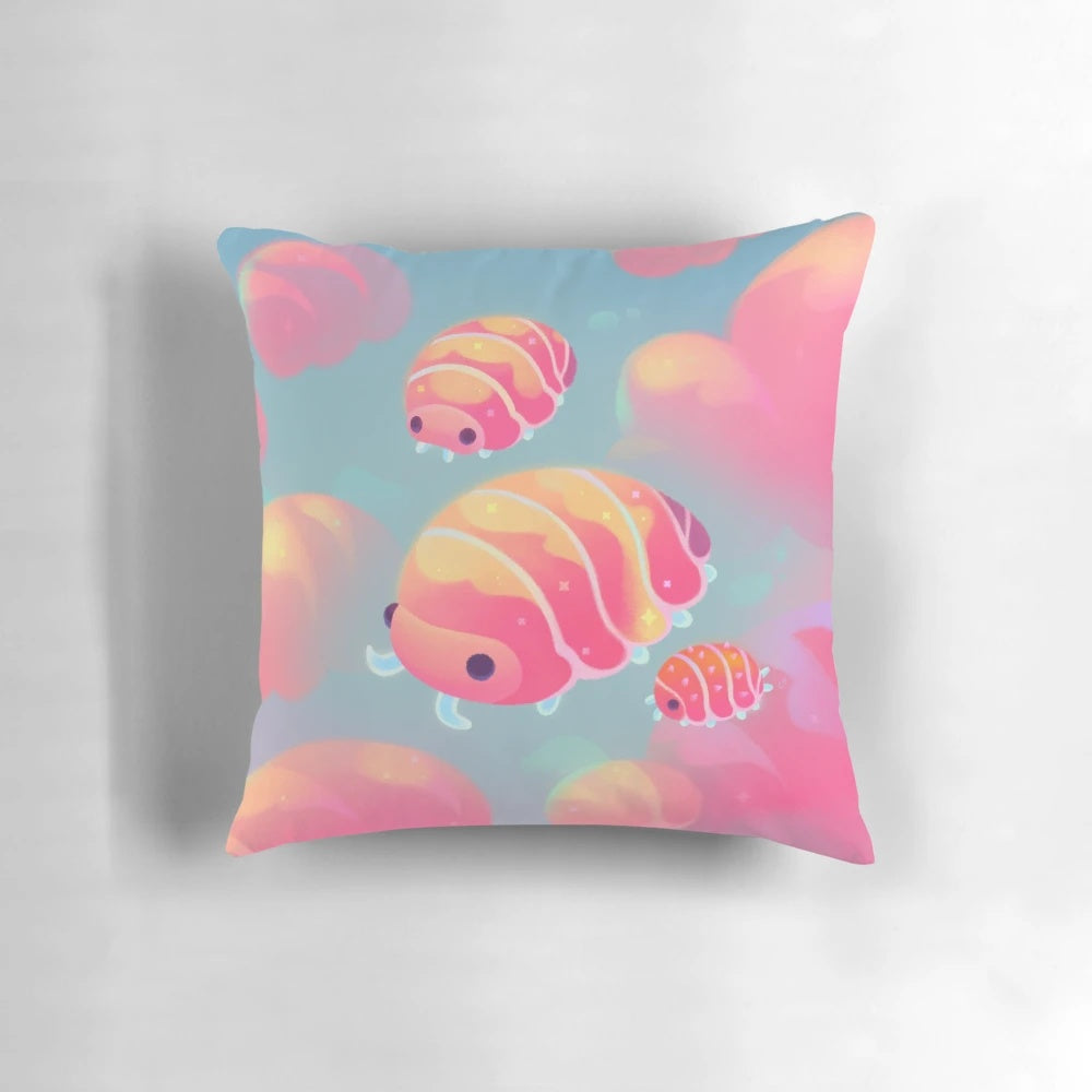 Vibrant sunset-colored pillow with a cloud isopod (woodlouse/pill bug) design, perfect for animal enthusiasts.