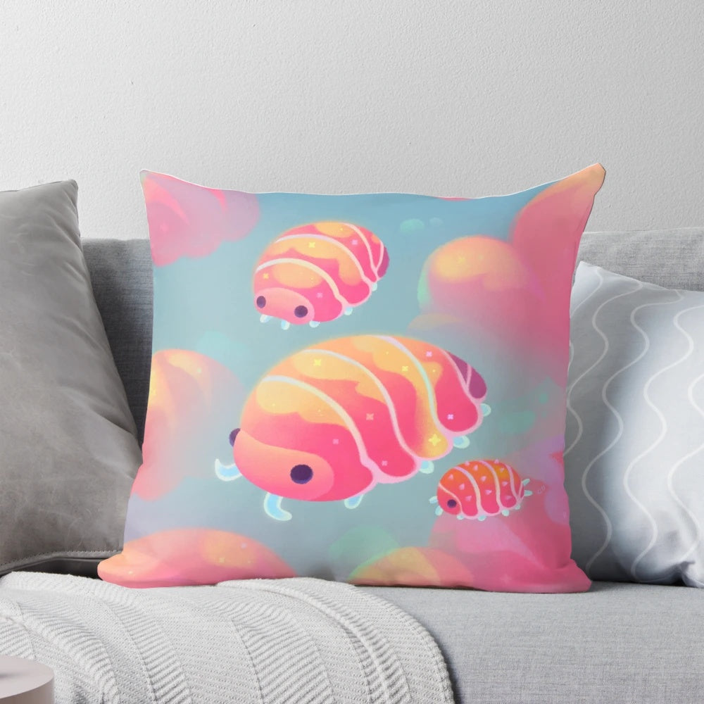 Vibrant sunset-colored pillow with a cloud isopod (woodlouse/pill bug) design, perfect for animal enthusiasts.