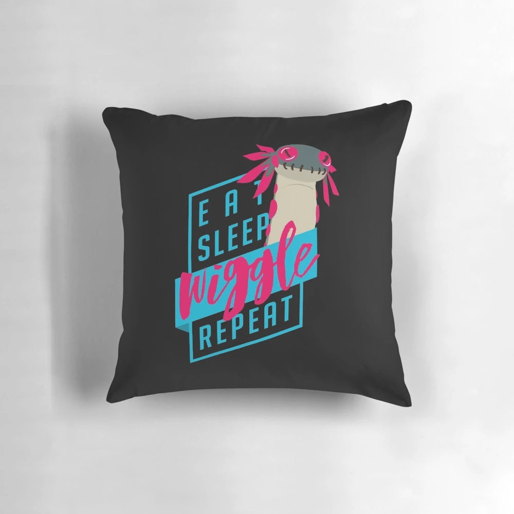 Soft, cuddly "Eat. Sleep. WIGGLE. Repeat." Monster Hunter themed pillow with adorable monster designs.