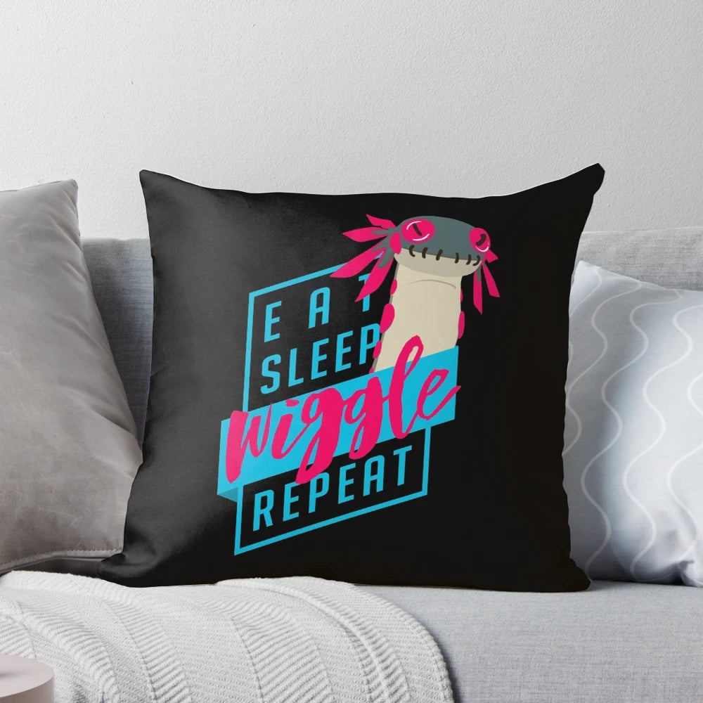 Soft, cuddly "Eat. Sleep. WIGGLE. Repeat." Monster Hunter themed pillow with adorable monster designs.