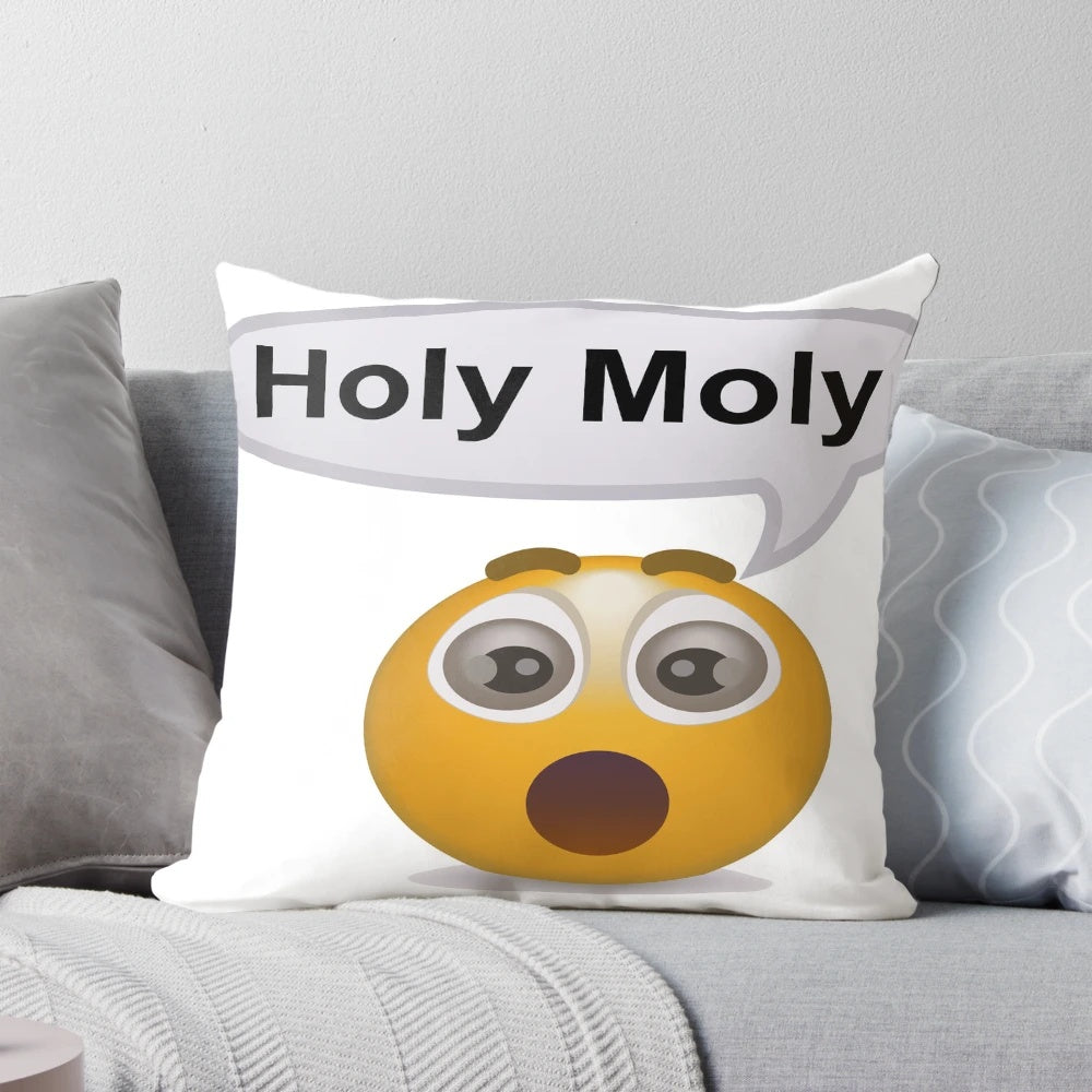 Soft, plush emoji-themed pillow with "holay molay holy moly" design, perfect for TikTok and pinkcore aesthetics.