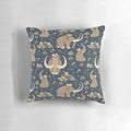 A cozy blue and white throw pillow featuring an adorable extinct mammoth design with a nature-inspired ethnic floral pattern.