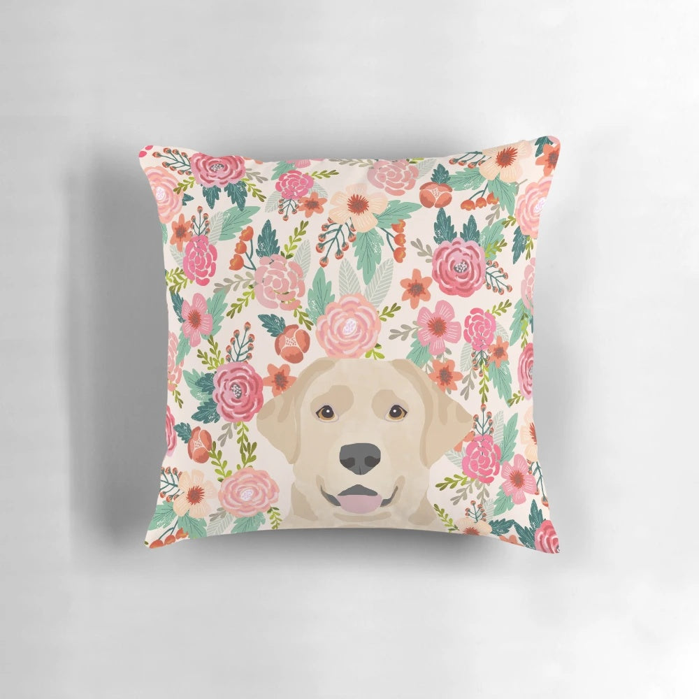 Vibrant floral pattern Labrador Retriever pillow, perfect for dog lovers