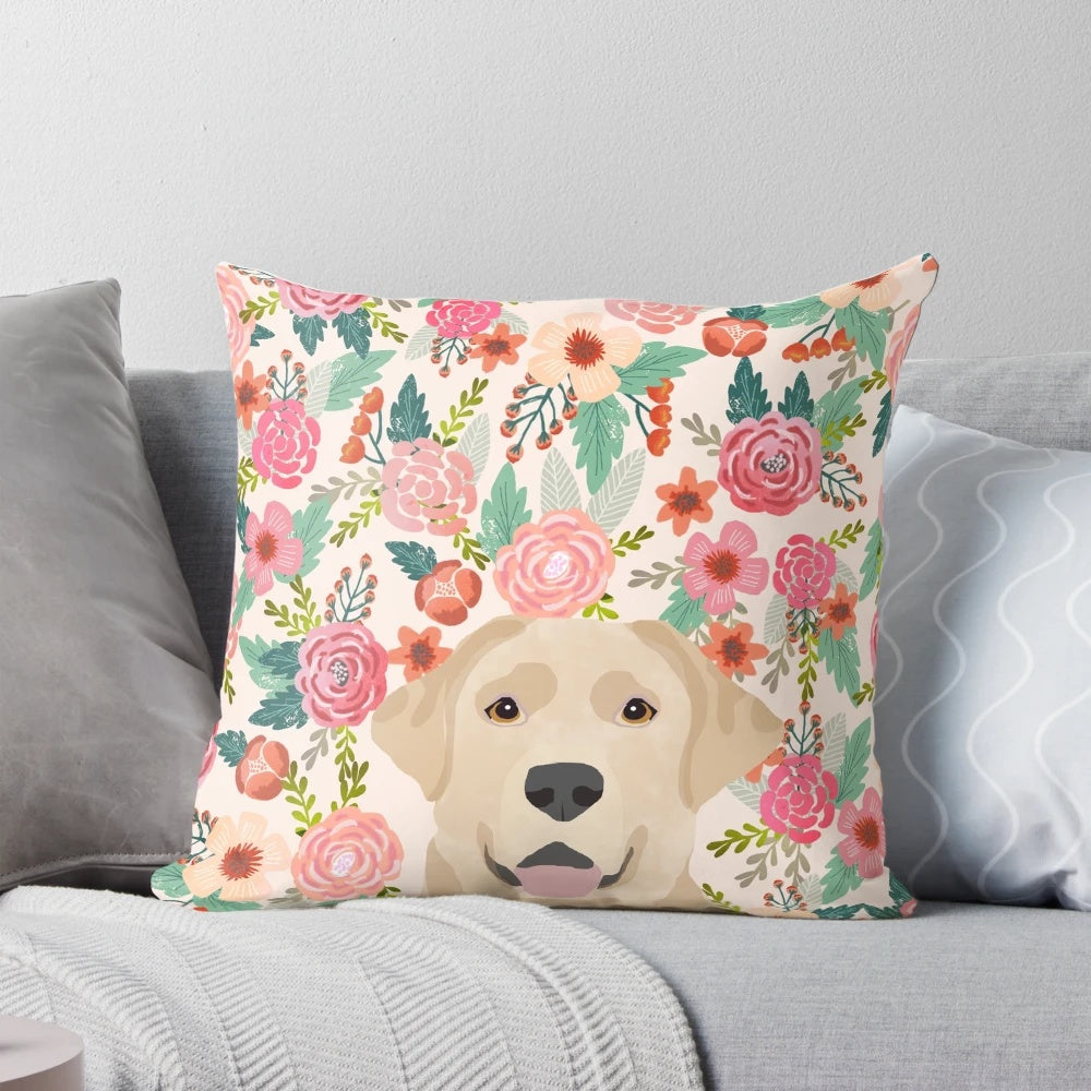 Vibrant floral pattern Labrador Retriever pillow, perfect for dog lovers