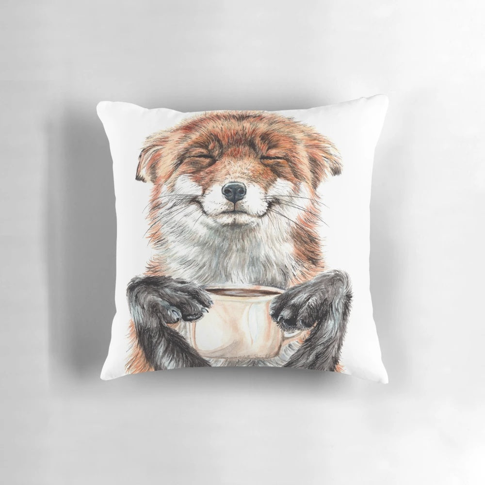 Cozy red fox pillow with a playful, caffeine-inspired design, perfect for adding a touch of nature to your kitchen or living space.