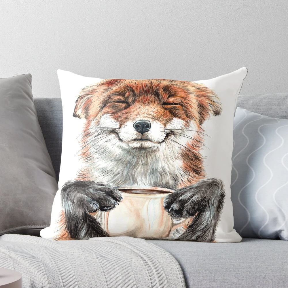 Cozy red fox pillow with a playful, caffeine-inspired design, perfect for adding a touch of nature to your kitchen or living space.