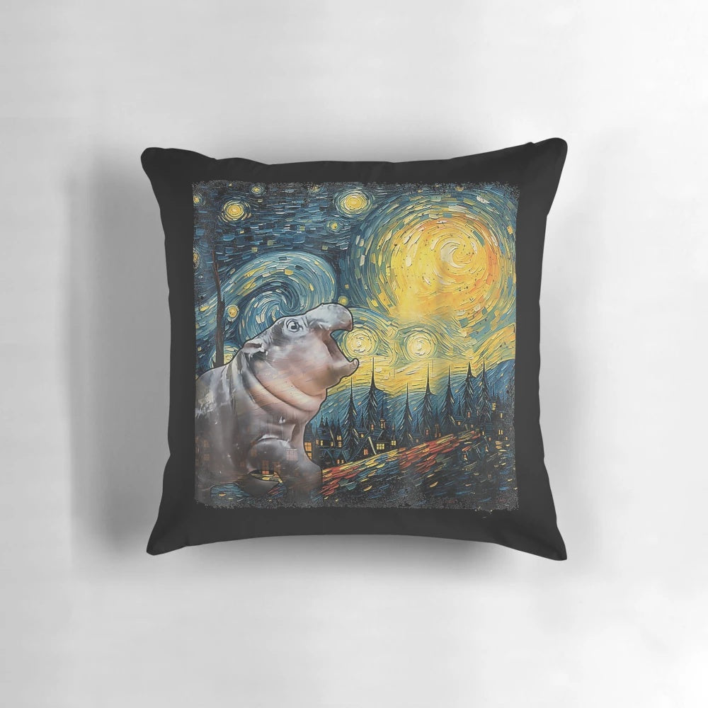 Meme Moo-Deng S.t.a.r.r.y NIGHT Van Gogh Funny Hippo Throw Pillow