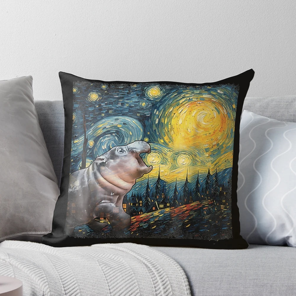 Meme Moo-Deng S.t.a.r.r.y NIGHT Van Gogh Funny Hippo Throw Pillow