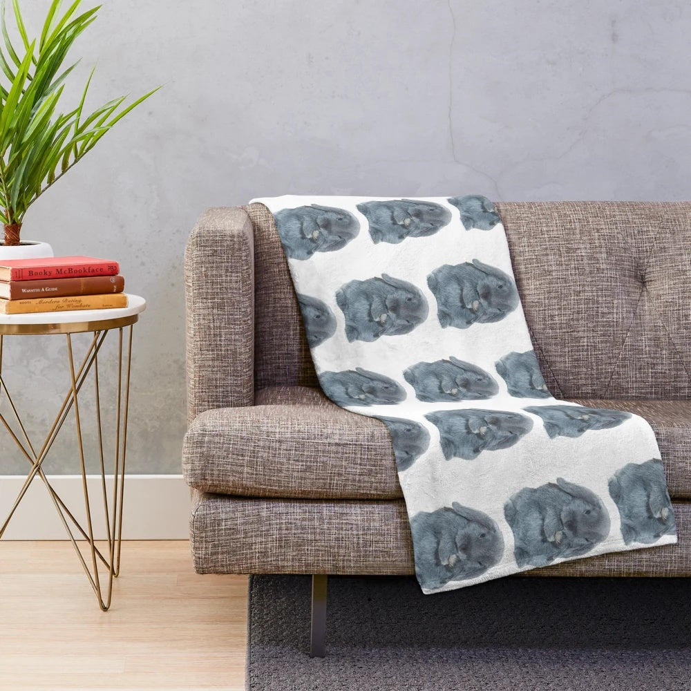 Soft, fluffy grey mini lop bunny rabbit plush art blanket