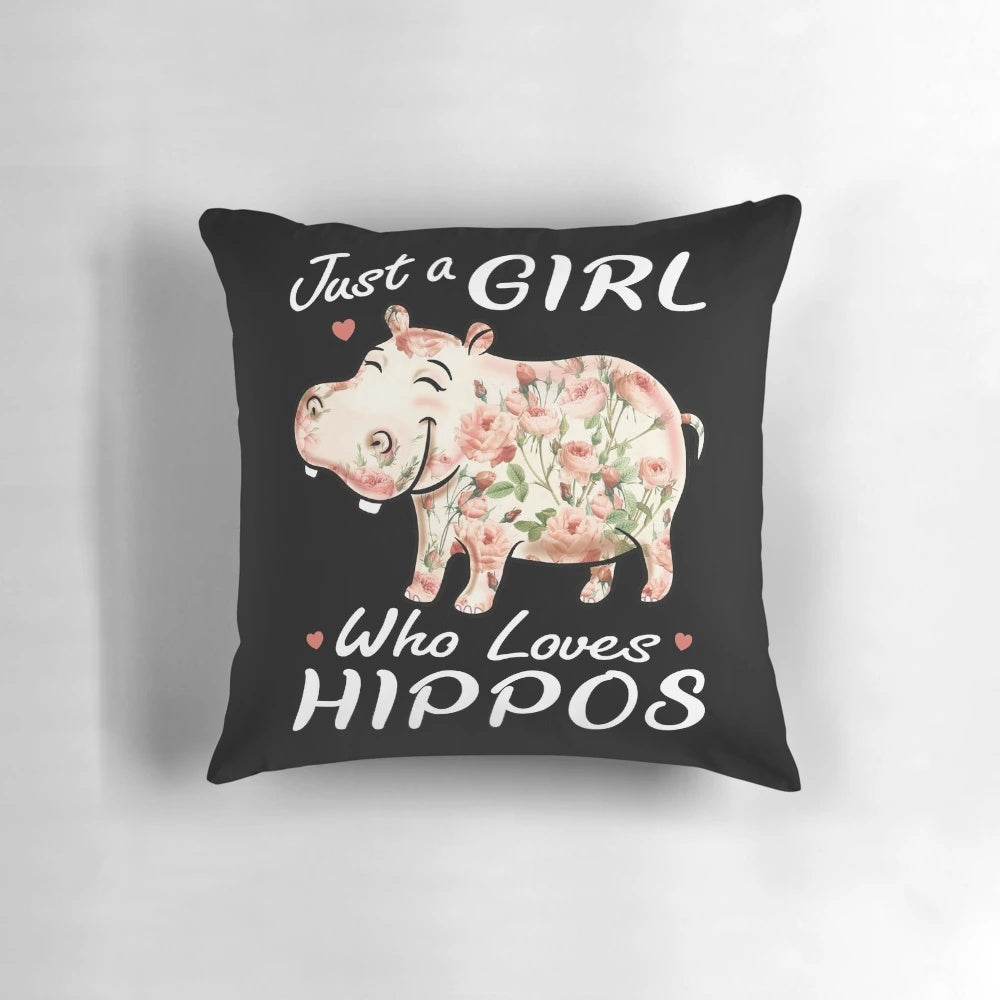 A floral and pink pillow featuring a hippopotamus design, perfect for girls and women who love hippos.