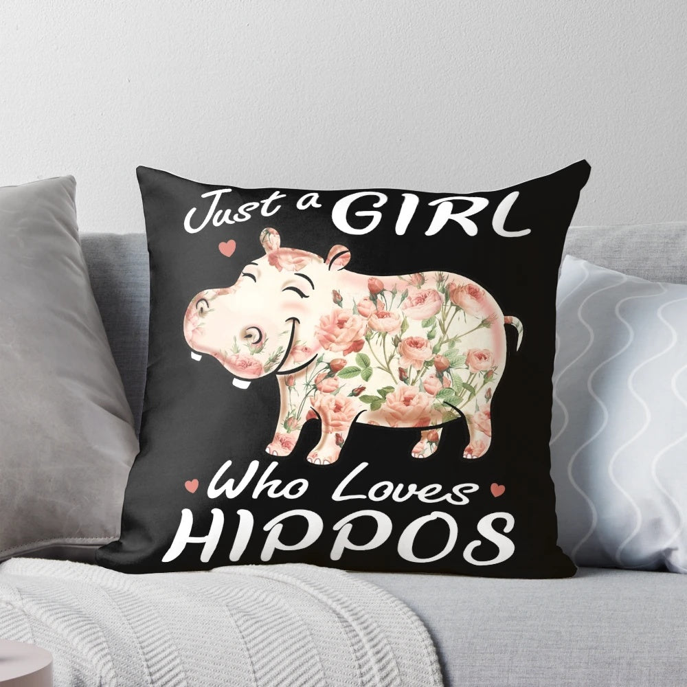 A floral and pink pillow featuring a hippopotamus design, perfect for girls and women who love hippos.