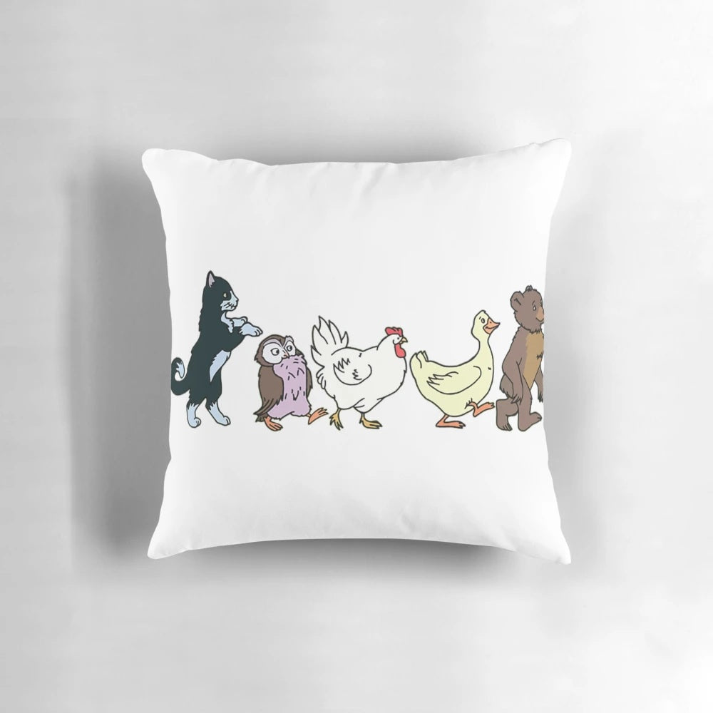 Decorative throw pillow featuring a charming illustration of a little bear and its friends