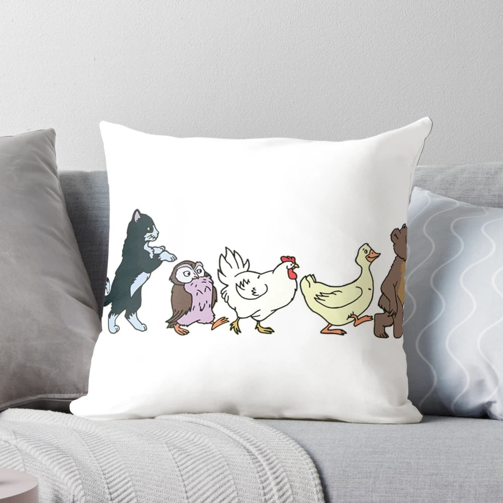 Decorative throw pillow featuring a charming illustration of a little bear and its friends