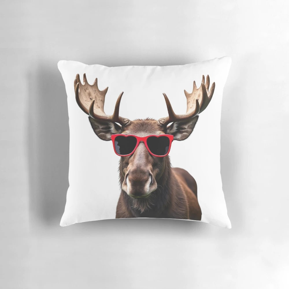 A plush pillow featuring a moose wearing heart-shaped sunglasses, perfect for nature and wildlife lovers.