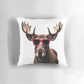 A plush pillow featuring a moose wearing heart-shaped sunglasses, perfect for nature and wildlife lovers.