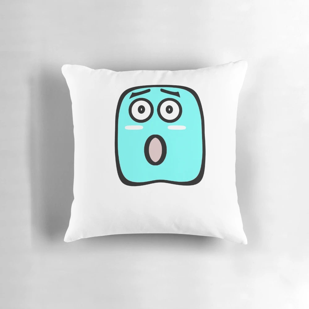 Soft, blue 'OH' shaped plush pillow with a cute smiley face design