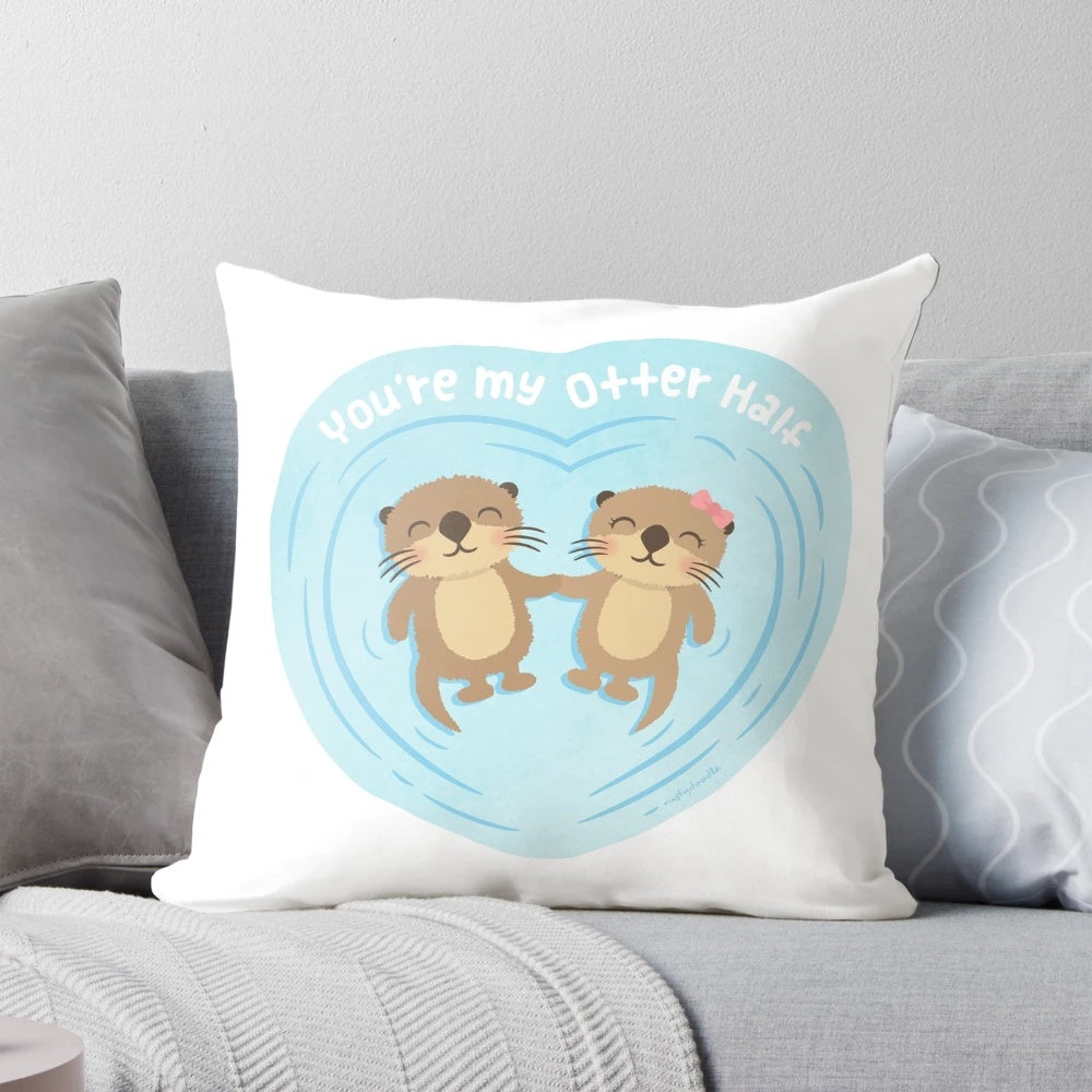 Adorable otter-themed throw pillow with a cute love pun