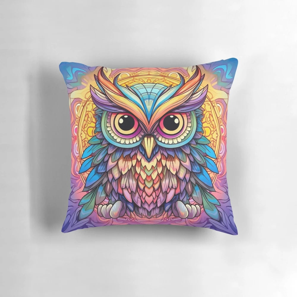 Cute owl mandala decorative pillow with intricate mandala pattern and owl design for bird lovers.