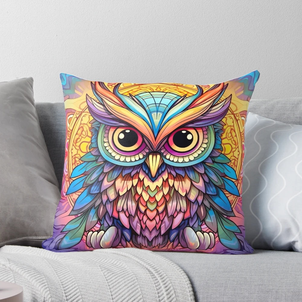 Cute owl mandala decorative pillow with intricate mandala pattern and owl design for bird lovers.