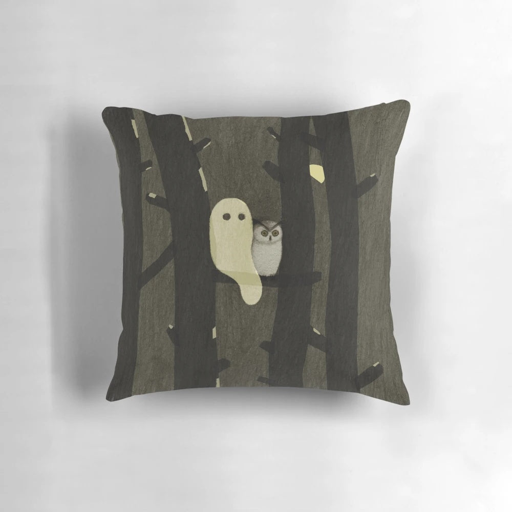 Adorable owl and ghost-themed pillow perfect for autumn and Halloween home decor