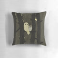 Adorable owl and ghost-themed pillow perfect for autumn and Halloween home decor