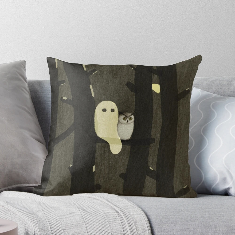 Adorable owl and ghost-themed pillow perfect for autumn and Halloween home decor