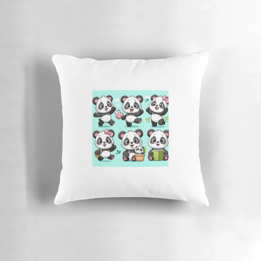 Panda bear stickers on a soft, plush pillow