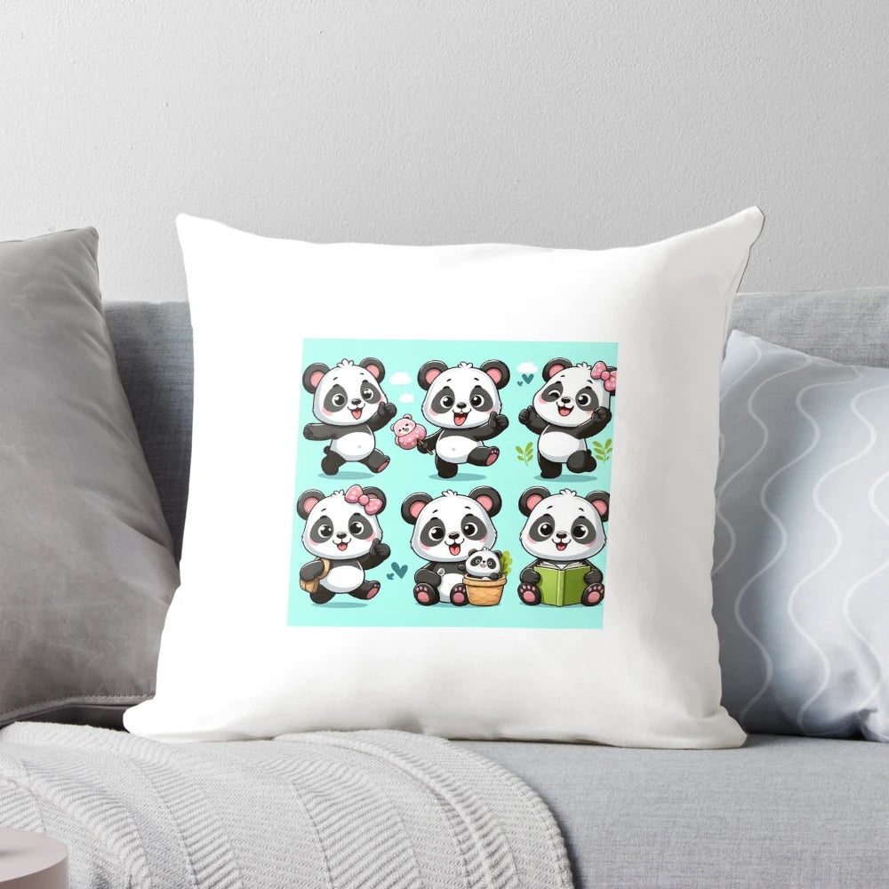Panda bear stickers on a soft, plush pillow