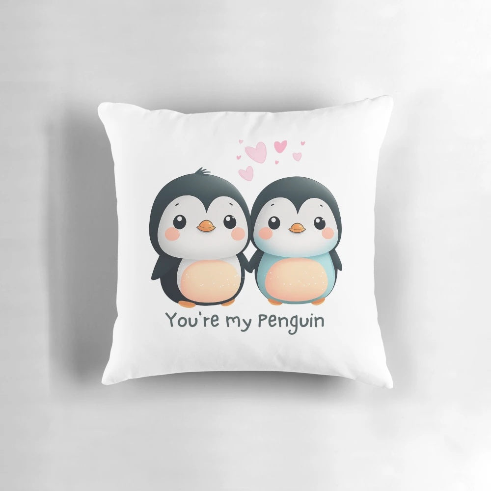 Cute watercolor penguin design pillow for couples, featuring the text "You're My Penguin