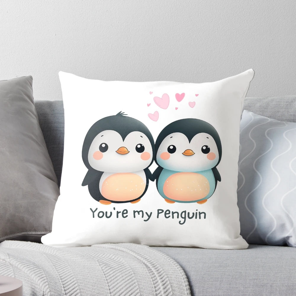 Cute watercolor penguin design pillow for couples, featuring the text "You're My Penguin