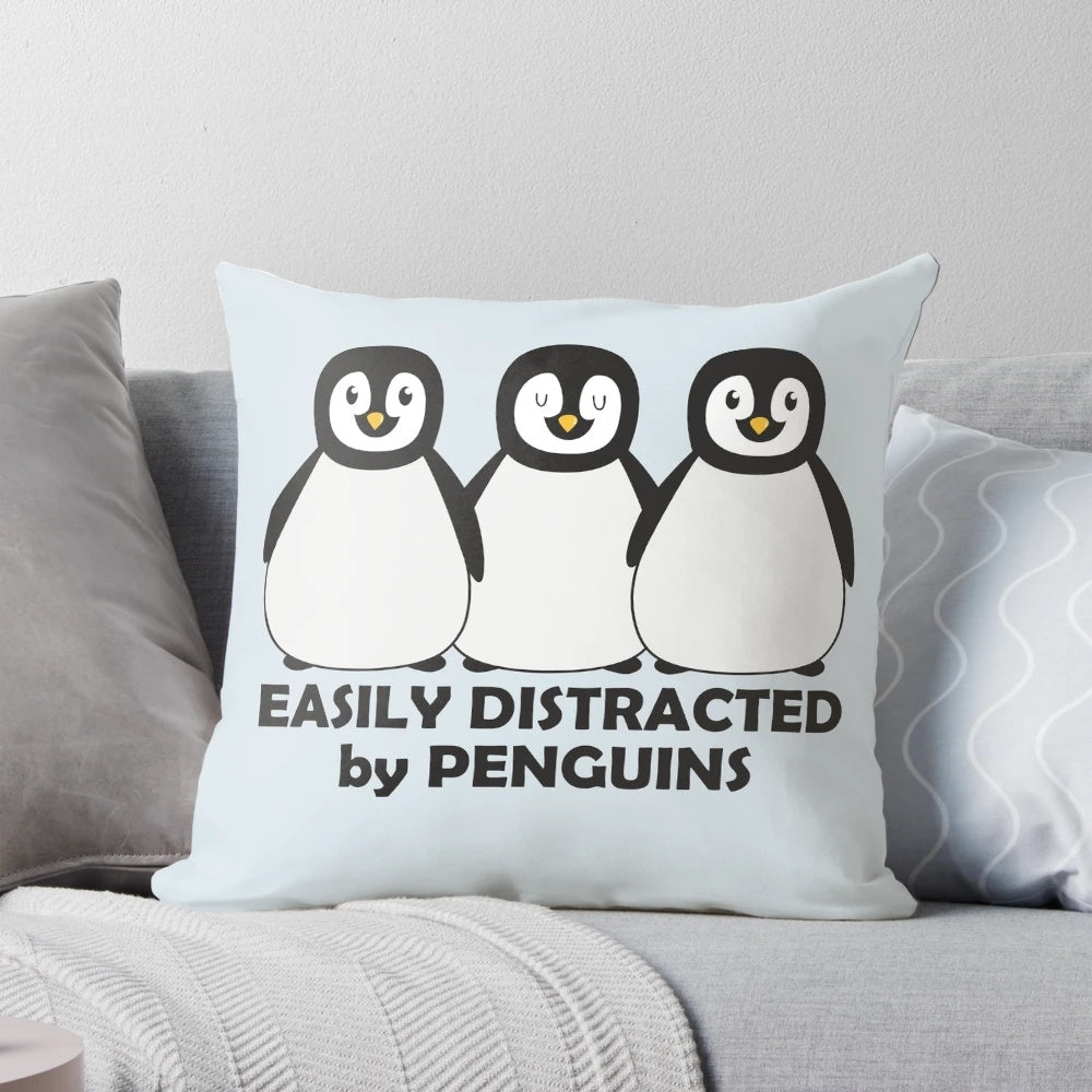 Adorable chubby penguins graphic illustration design on a black and white pillow