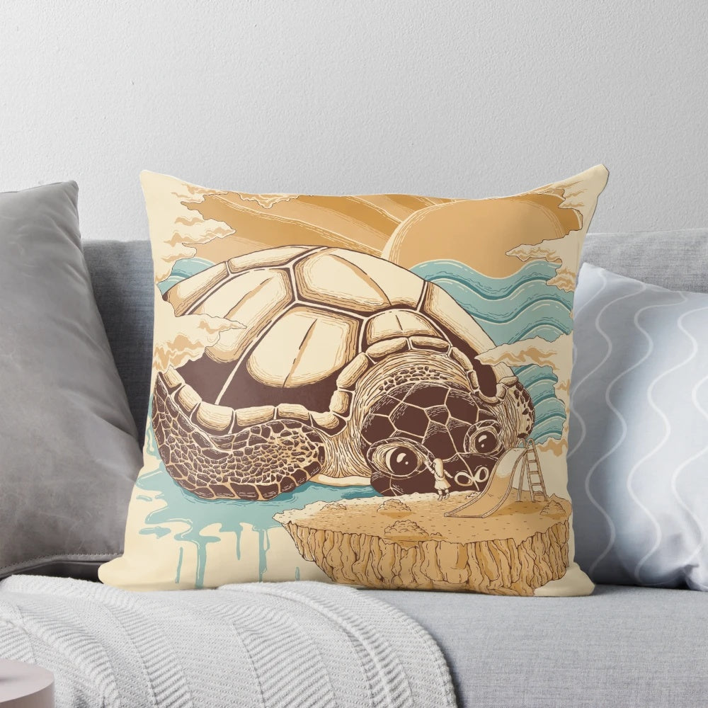 A soft, plush pillow featuring a surreal design with whimsical animal prints and clouds against a blue sky.